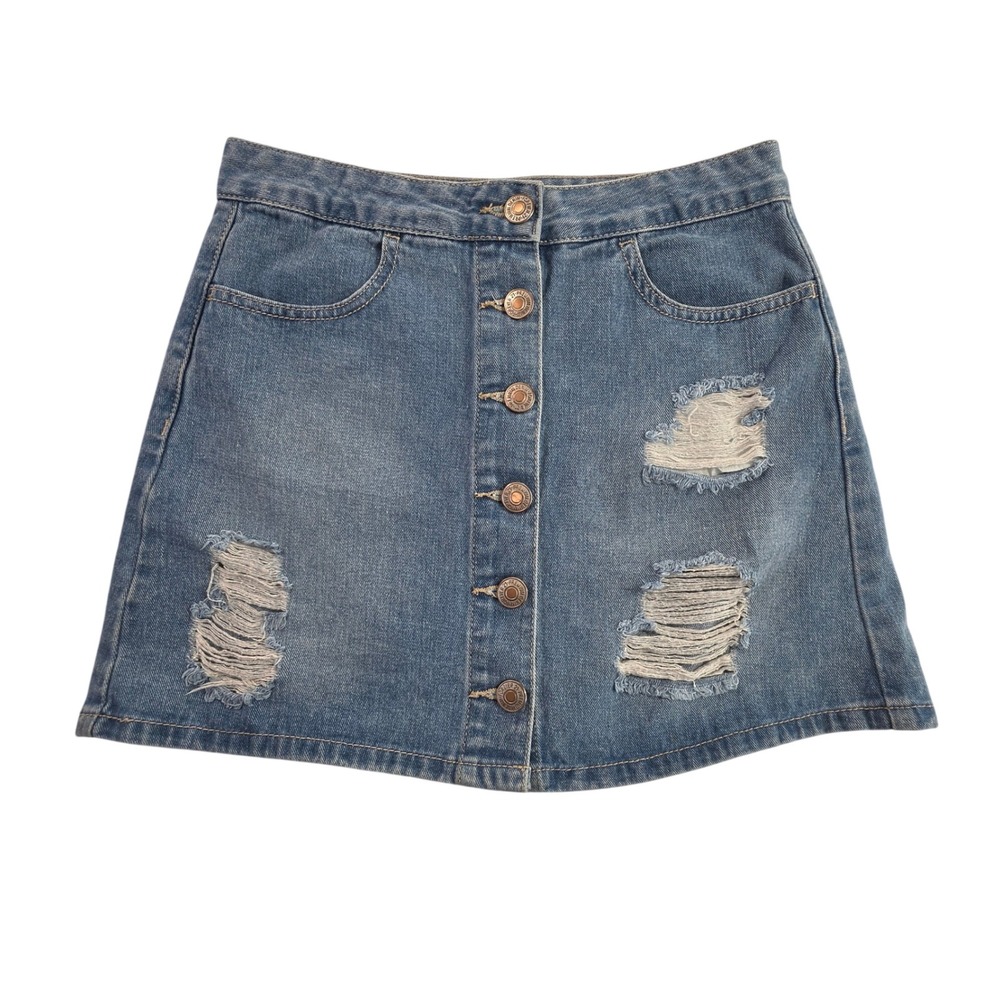 Forever 21 Distressed Denim Mini Skirt Button Front Ripped High Rise Grunge S